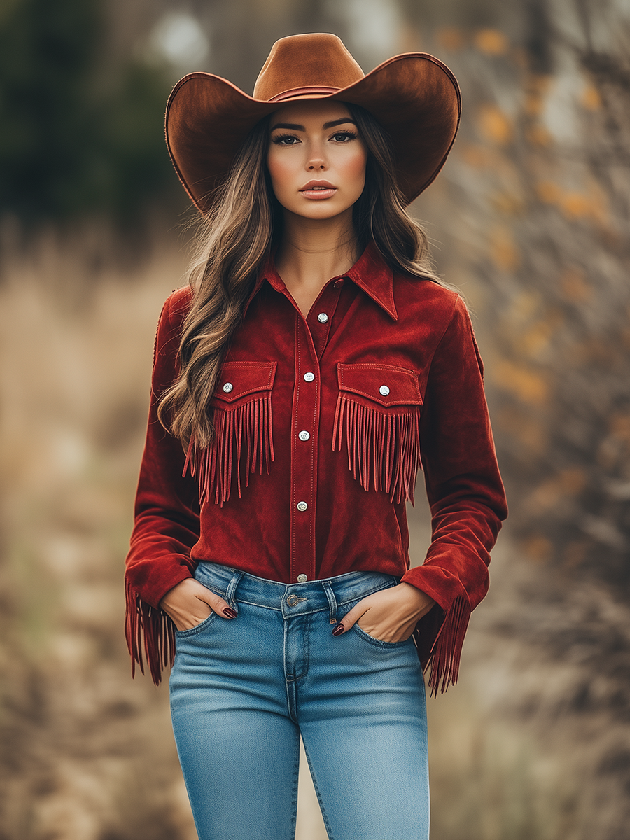 Outdoor Western Cowboy Red Suede Lapel Tassel Long Sleeve Shirt