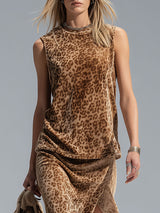 Leopard Print Crew Neck Sleeveless Vest And Split-hem Velvet Skirt Set