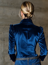 Elegant Blue Velvet Long-sleevedWith Gold Buttons Shirt