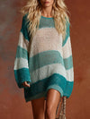 Comfortable Fashion Breathable Blue And White Stripes Contrast Lightweight Knitted Mini Dress