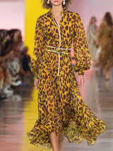 Retro Casual Stand-up Collar Yellow Leopard Print Chiffon Maxi Dress