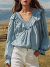 Western-style Ruffled Blue Vintage Washed Denim Shirt