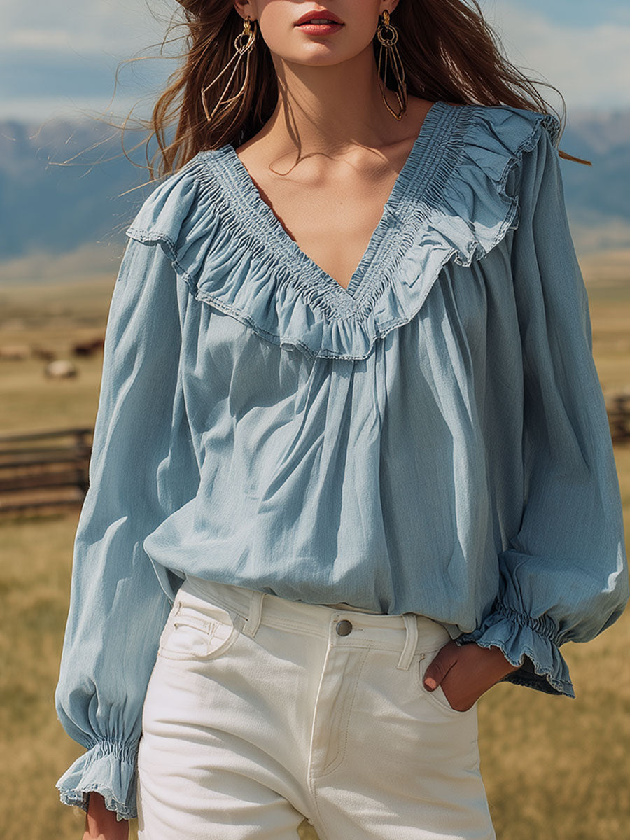 Western-style Ruffled Blue Vintage Washed Denim Shirt