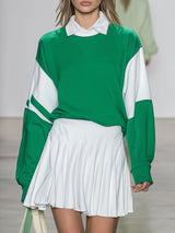 Stylish Green And White Color-blocked Sweatshirt And Pleated Skirt Set