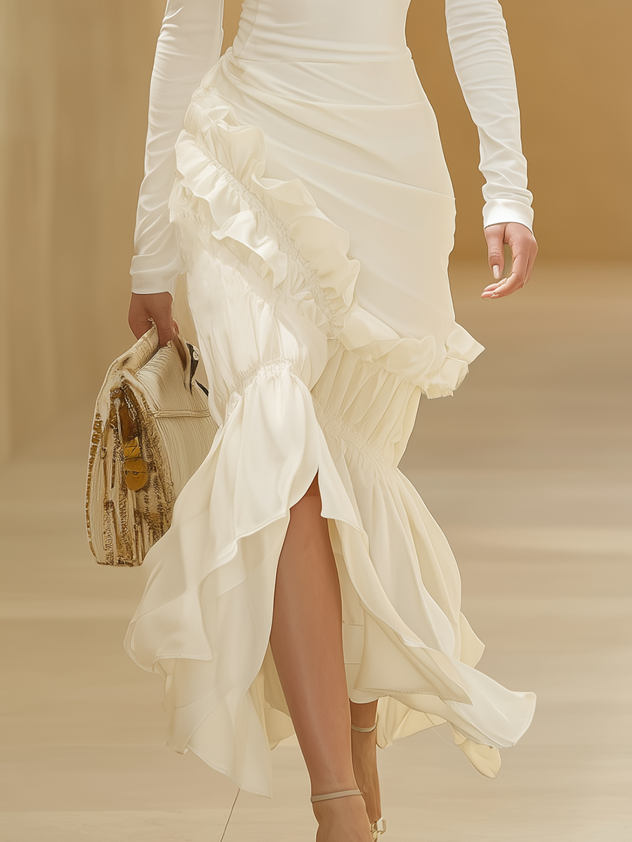 Elegant Bohemian-style High-neck Ruffled Hem White Midi Dress