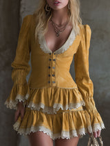 V-neck Lace-trimmed Faux Suede Long-sleeved Mini Dress