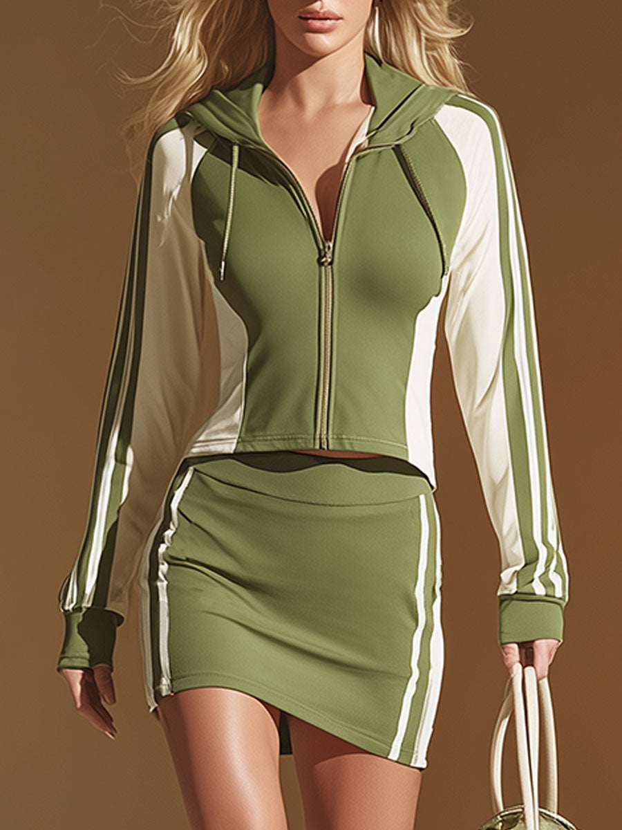 Sporty Style White And Green Hooded Zip-up Cotton Top And Skirt Set