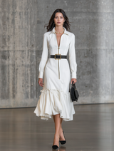 Elegant White Cotton And LinenWith Zipper And Ruffle Details Midi Dress