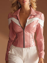Stylish Retro-style Lapel White And Pink Faux Leather Jacket