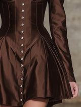 Elegant Brown Satin Mini Dress With Buttons