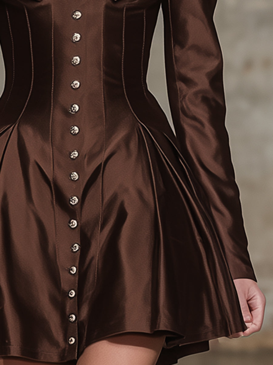 Elegant Brown Satin Mini Dress With Buttons