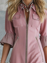 Elegant Pink Checkered Trim Faux Denim Short-sleeved Midi Dress