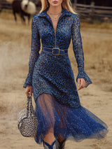 Western-style Blue Leopard Print ChiffonWith A Half-zip Closure Midi Dress
