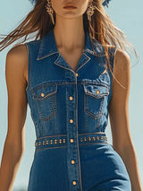 【24-hour shipping out】Western Vintage Blue Denim Sleeveless Shirt Tassel Rivet Mini Dress