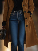 【24-hour shipping out】Casual Loose Vintage Caramel Suede Black Lapel Single Breasted Coat