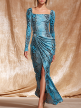 Retro Western Style Square Neck Snake Print Waist Pleated Blue Velvet Maxi Dress