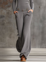 Fashionable Retro Gray Knit Half-zip Wide-leg Pants Set