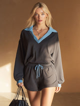 Casual Blue Collared Sweatshirt And Dark Gray Shorts Set
