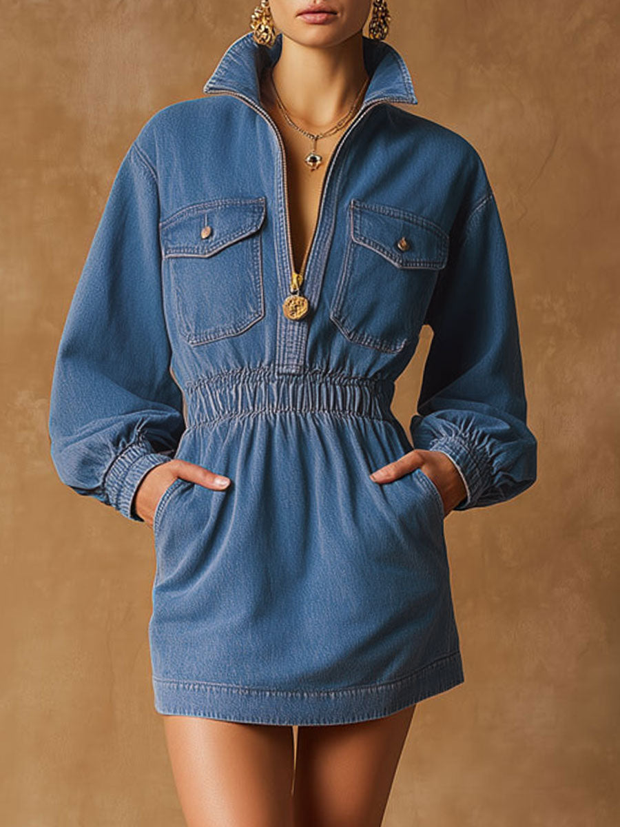 Retro Half-zip Elastic Waist Blue Denim Long-sleeved Mini Dress