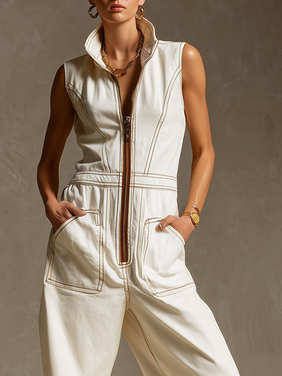 Casual Retro White Denim Zip-up Sleeveless Wide-leg Jumpsuit