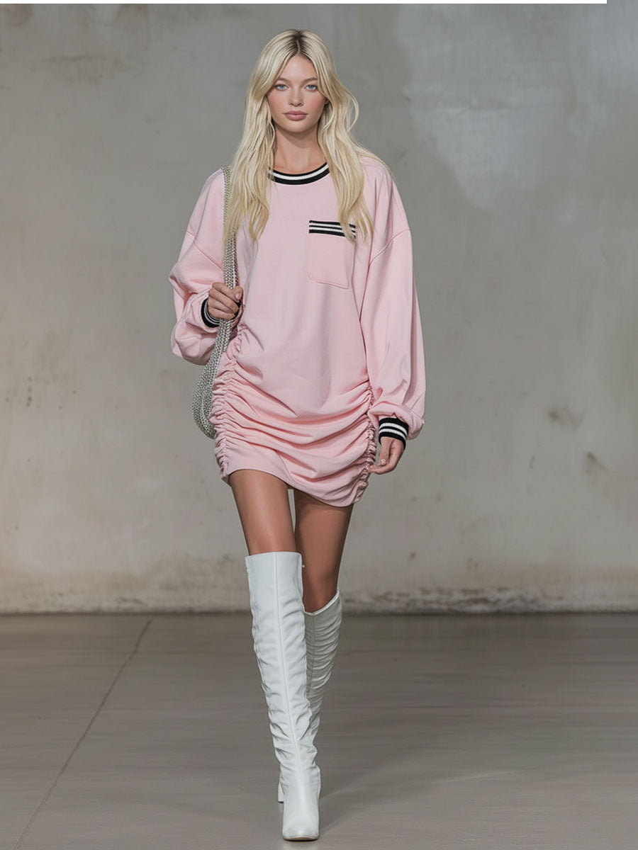 Loose-fitting Round-neck Single-pocket Gathered Long-sleeved Athletic Mini Dress