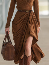 Casual And Stylish Brown V-neck Slit Midi Dress
