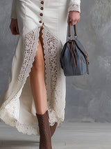 Elegant And Exquisite White Denim Lace-trimmed Maxi Dress