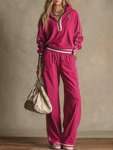 Retro Casual Zip-up Stand-collar Contrasting Trim Top And Pants Set