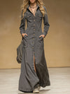 Lapel Collar Single-breasted Multi-pocket Vintage Grey Denim Long-sleeved Maxi Dress