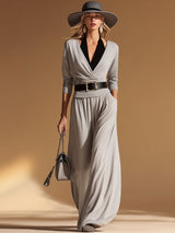 Casual Black Halter-neck Two-piece Style Grey Cotton Top And Pants Set