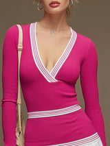 Sporty Retro Long-sleeved Striped Fuchsia Knit Pleated V-neck Mini Dress