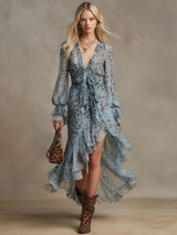 Stylish Retro Leopard Print Light Blue V-neck Chiffon Midi Dress