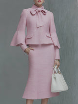 Elegant Neckline Bow Tie Trumpet Sleeve Jacket Skirt Tweed Set