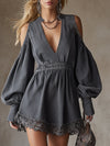 Stylish Gray Denim V-neck Off-the-shoulder Wide-sleeved Mini Dress