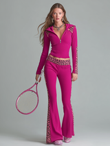 Retro Charming Sporty Style Leopard Print Hooded Top And Flared Pants Set