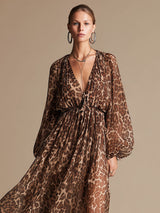 Vacation Retro V-neck Leopard Print Brown Chiffon Long Sleeve Maxi Dress