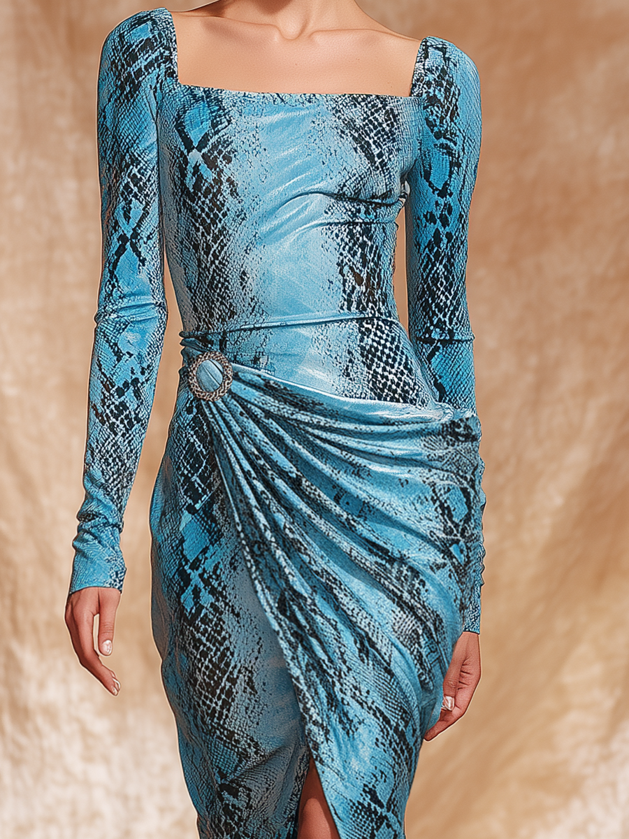Retro Western Style Square Neck Snake Print Waist Pleated Blue Velvet Maxi Dress