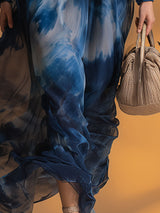 Retro Style Blue Printed Chiffon Midi Dress