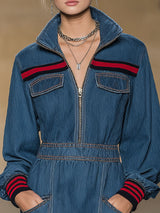 Retro Style Stand-collar Zippered Multi-pocket Denim Long-sleeved Mini Dress
