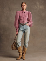 Western Retro Pink Faux Suede Long-Sleeved Shirt