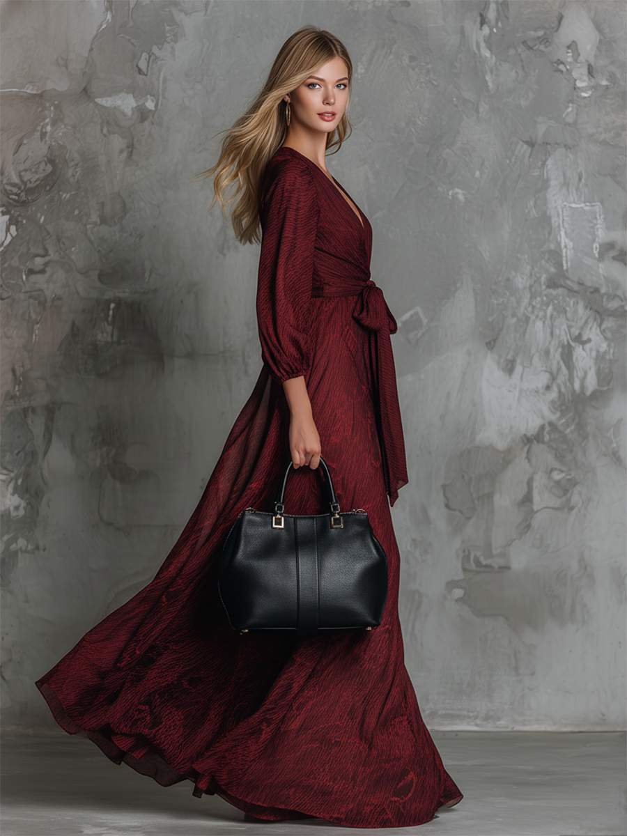 High-end Chic V-neck Tie-up Burgundy Satin Jacquard Maxi Dress
