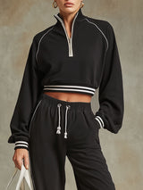 Sporty Retro Striped Black Cotton Long-Sleeve Sweatshirt And Wide-Leg Pants Set