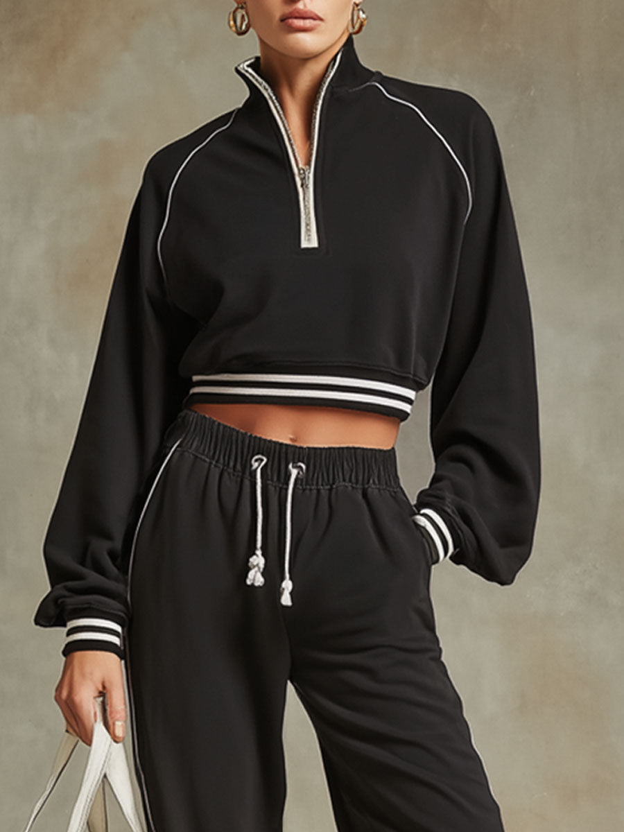 Sporty Retro Striped Black Cotton Long-Sleeve Sweatshirt And Wide-Leg Pants Set