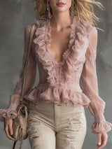 Elegant Pink Chiffon Lace Ruffled Shirt