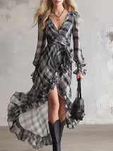 Vintage Western-style Ruffled Grey Plaid Chiffon Maxi Dress