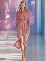 Retro Western Collar Sheer Long-Sleeved Pink Denim Midi Dress