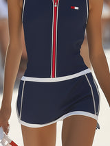 【24-hour shipping out】Fashion Retro Lapel Zipper Navy Blue Sleeveless Mini Dress