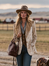 Retro Western Nomadic Style Sika Deer Pattern Camel Velvet Blazer