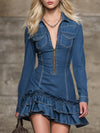 Vintage Blue Denim Zip-up Mini Dress With Ruffle Details