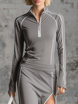 Sporty Style Stand-collar Top With Contrasting Trim And Matching Skirt Set